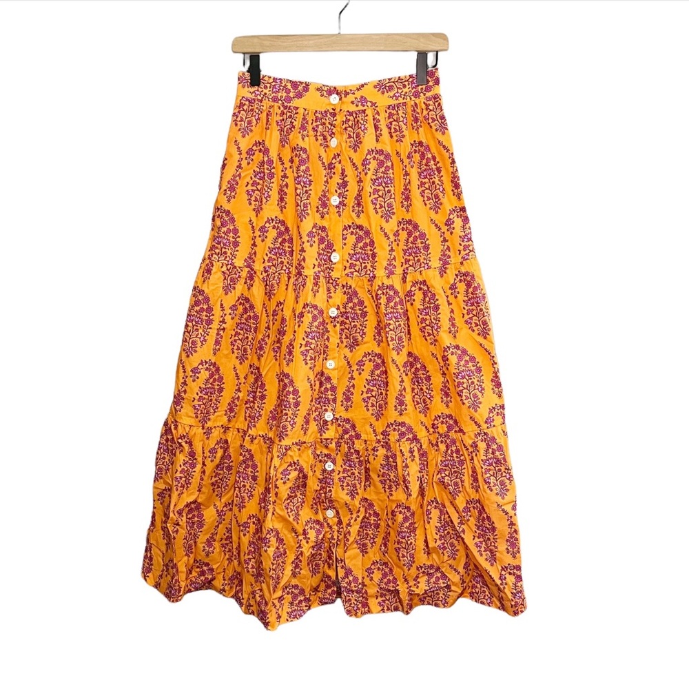 MDS Stripes Floral Tiered Button Maxi Skirt in Orange 2